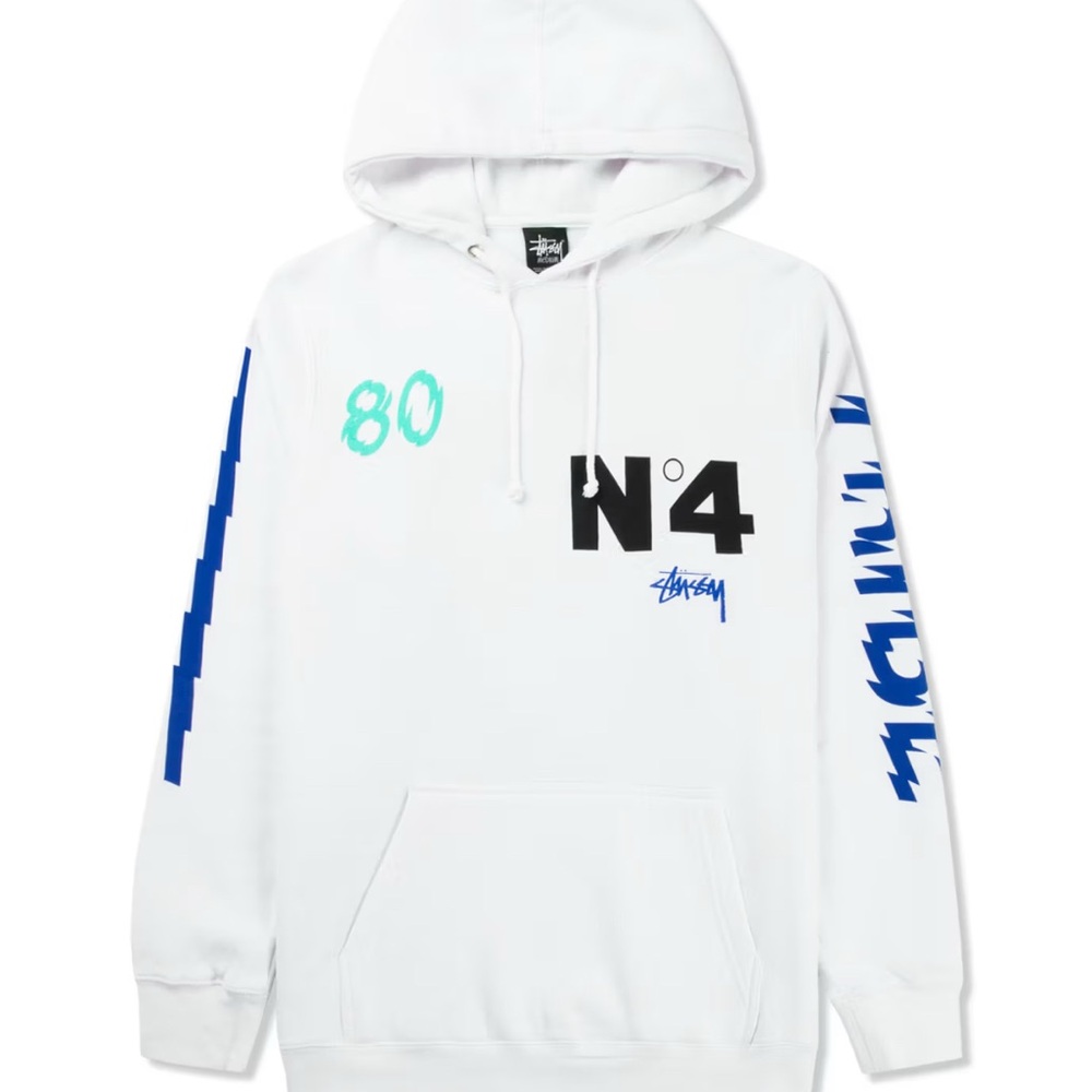 Stüssy Men's White No.4 Tribe Hoodie - Medium, Used
